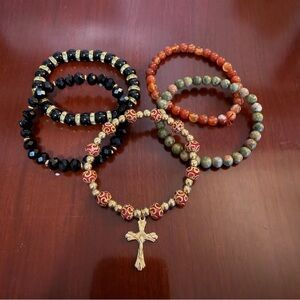 5 Multicolor Beaded Bracelets with Cross Charm, Mixed Lot Fashion Jewelry